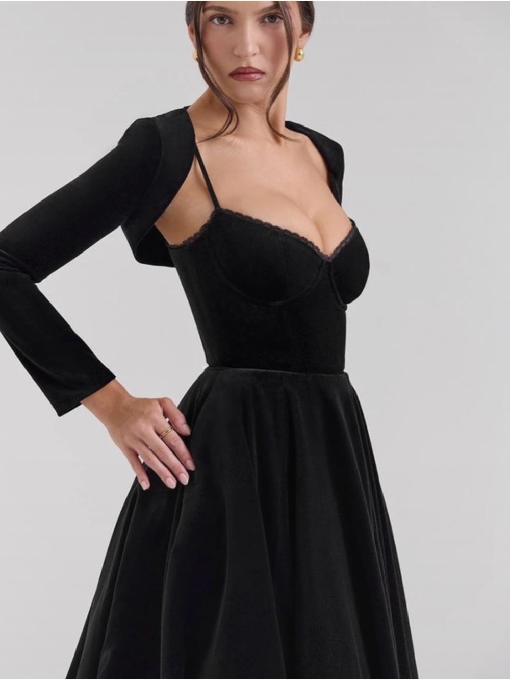 House of CB Black Velvet Dress with Lace Trim - Picture 8 of 8